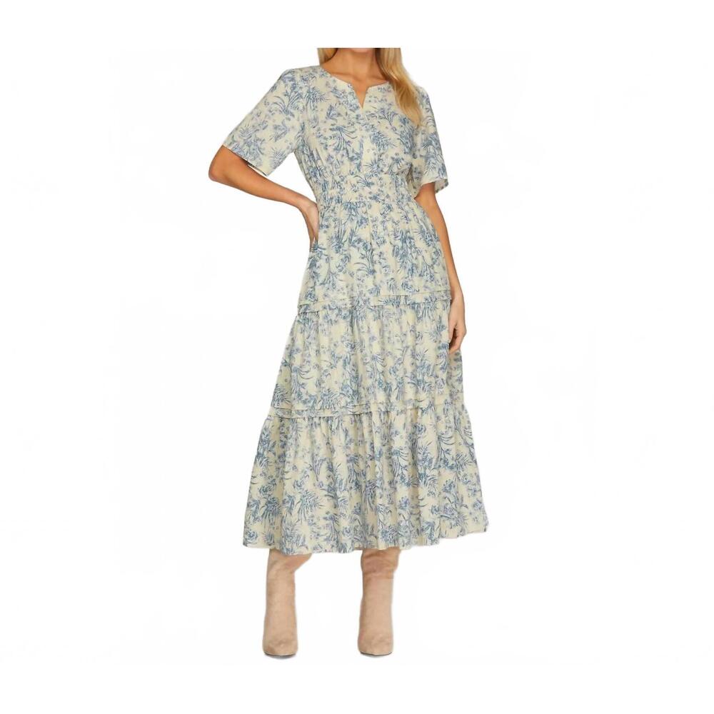 NEW STYLE USA woven floral print v neck tiered midi dress in blue